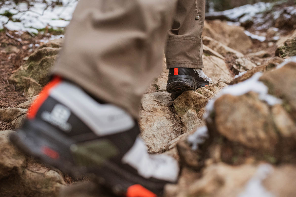 Salomon X Ultra 4 GTX hiking shoe (closeup on rocks)